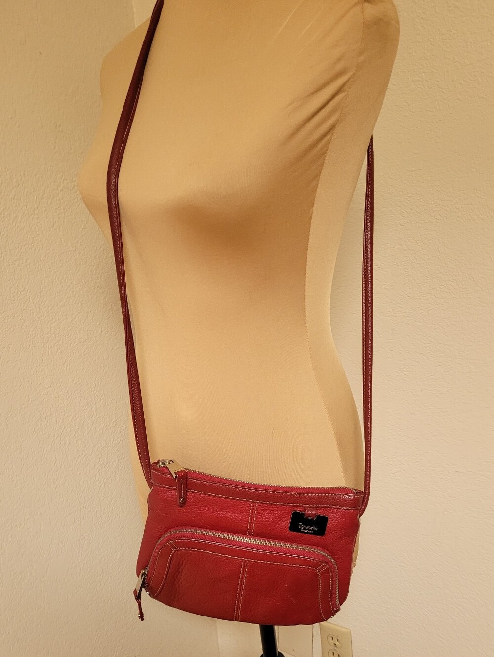 Tignanello Red Leather Crossbody with Front Zip Pocket